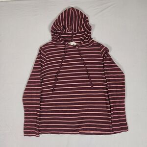 LOFT Women's L Maroon Pink Striped Waffle Knit Hooded Knit Top Hoodie
